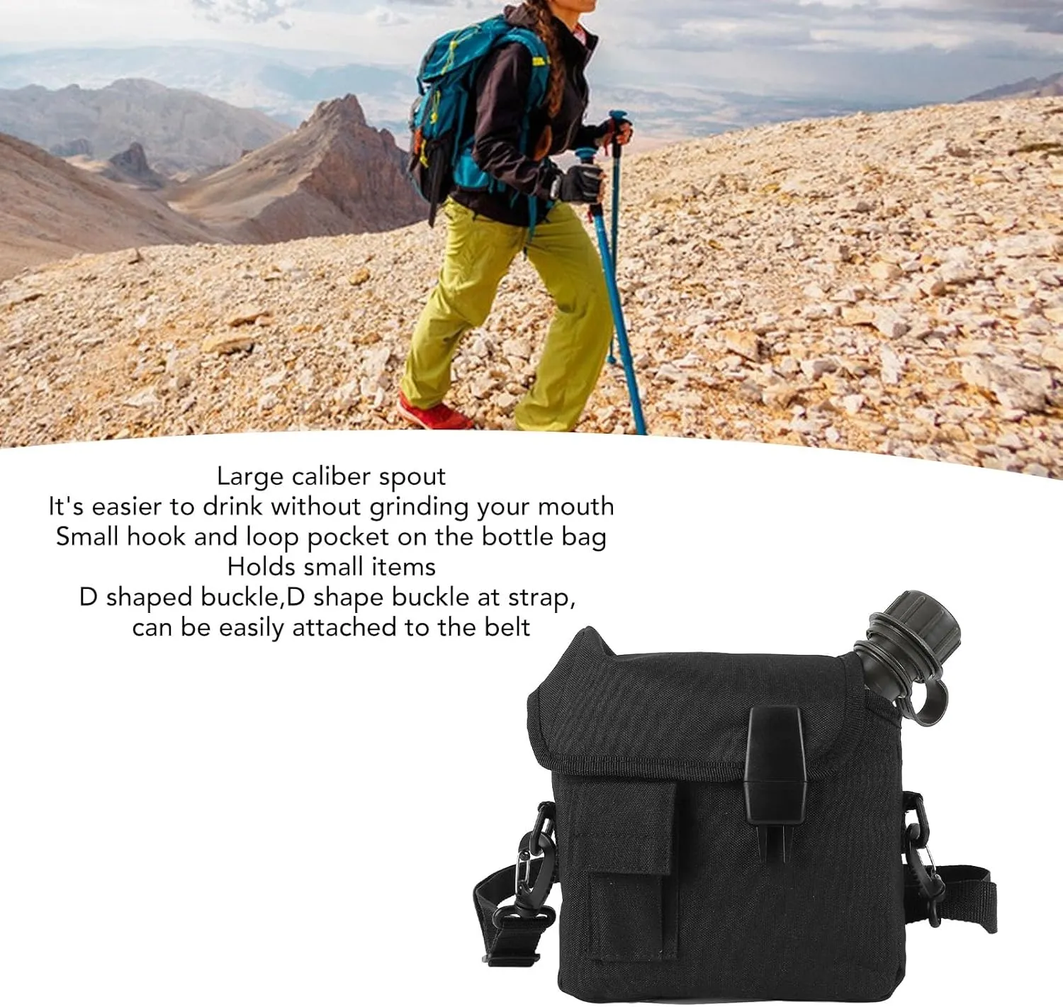 Hand Carry Camping Water Bottle 1.5L Large Capacity Portable Flat Adjustable Strap Water Container Kit with Waist Bag for Outdoor Sports Hiking (Black)