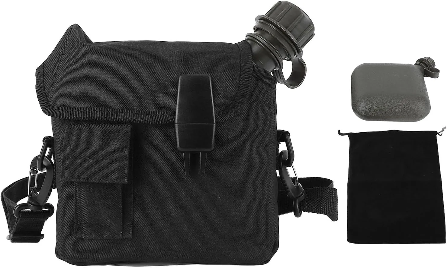 Hand Carry Camping Water Bottle 1.5L Large Capacity Portable Flat Adjustable Strap Water Container Kit with Waist Bag for Outdoor Sports Hiking (Black)
