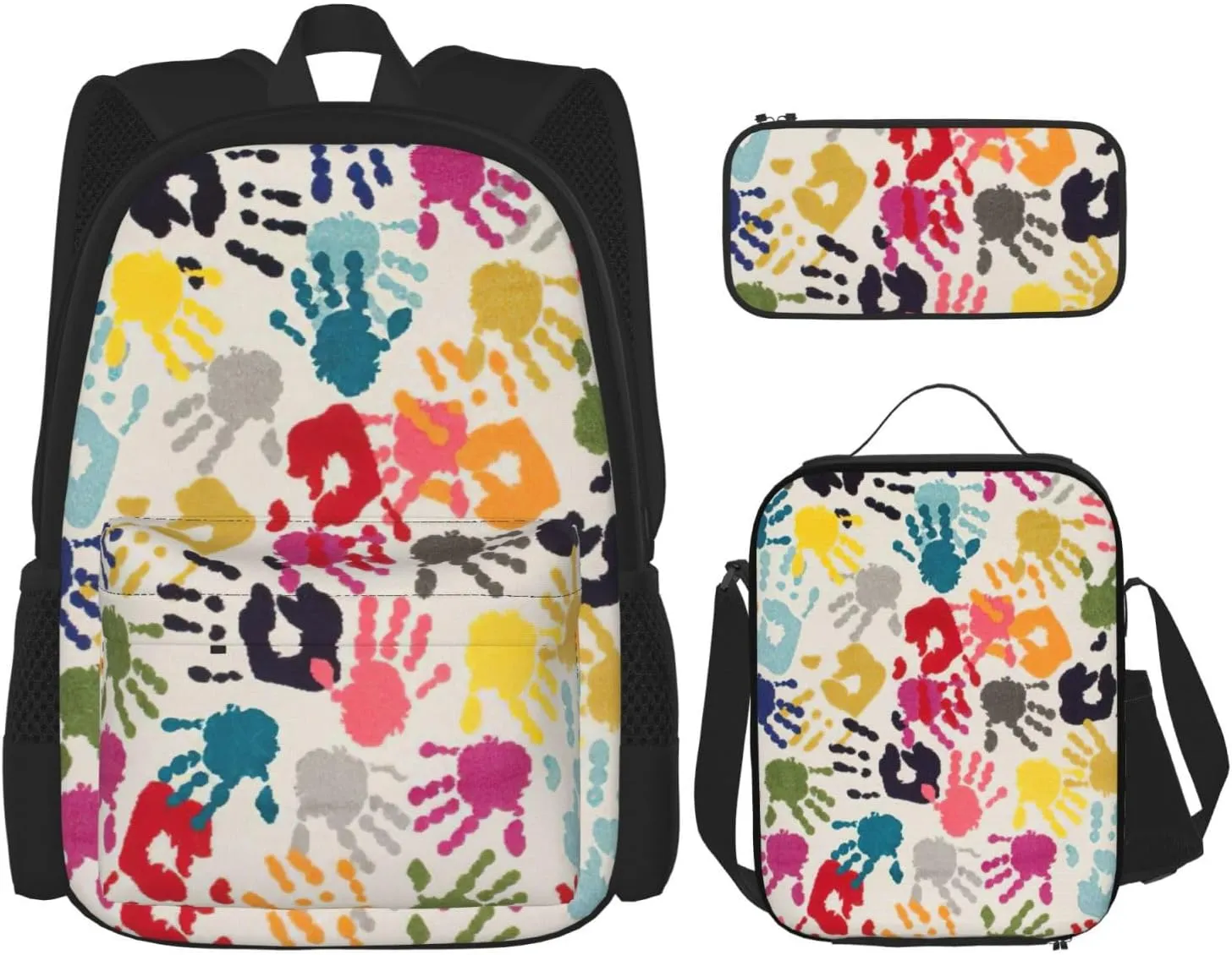 Hand Print Print Versatile Adjustable Shoulder Fashion Backpack Lunch Bag Pencil Case Large Capacity