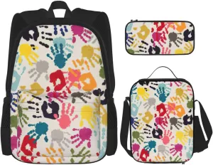 Hand Print Print Versatile Adjustable Shoulder Fashion Backpack Lunch Bag Pencil Case Large Capacity