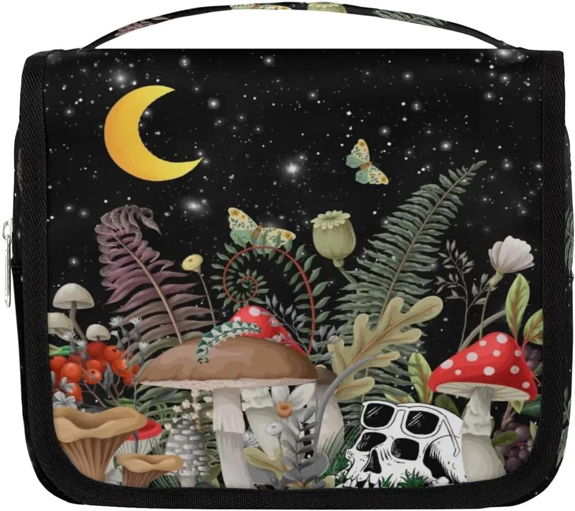 Hanging Toiletry Bag for Women & Men - Skull Mushroom & Moon Butterfly Waterproof Travel Cosmetic Bag - Toiletries Accessories Organizer