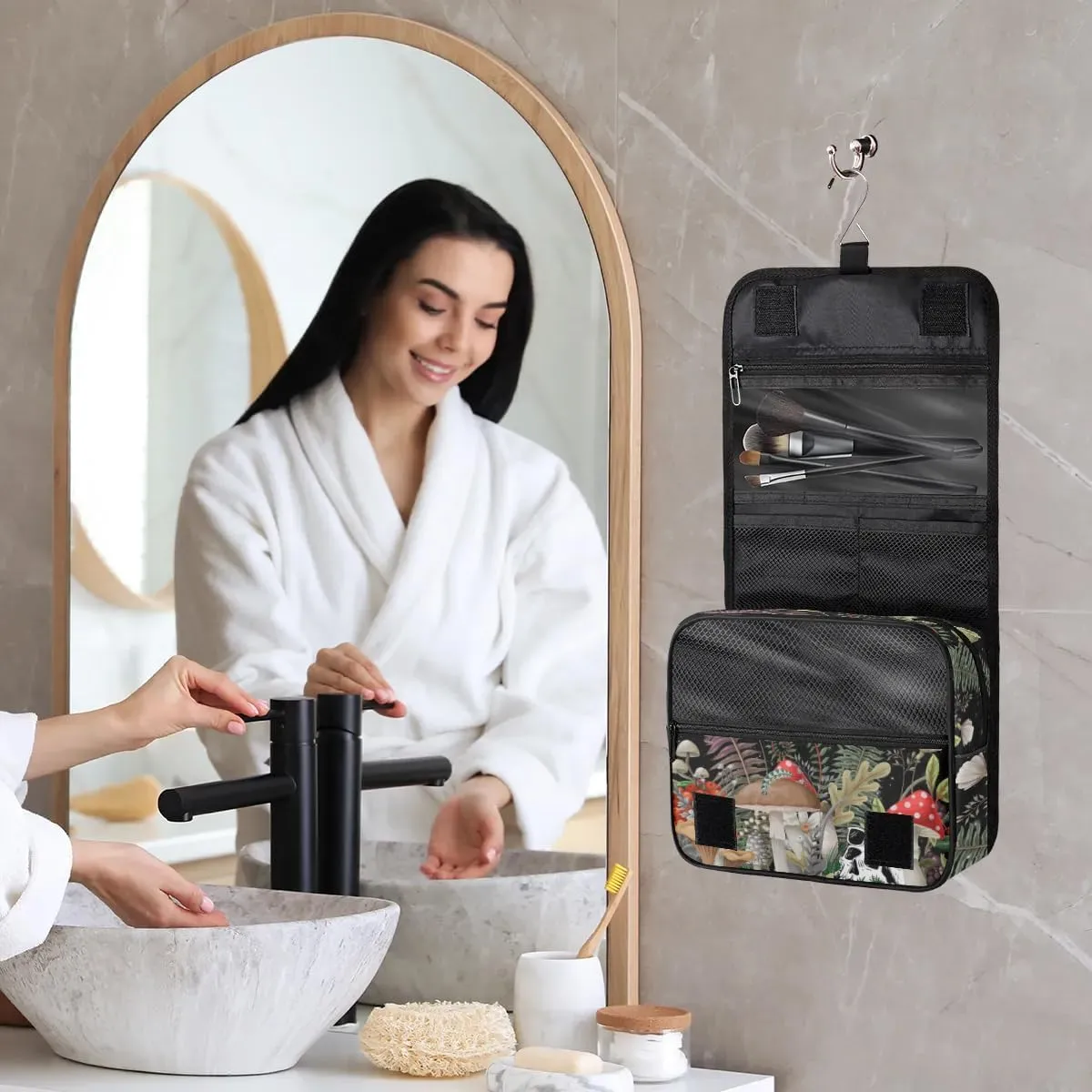 Hanging Toiletry Bag for Women & Men - Skull Mushroom & Moon Butterfly Waterproof Travel Cosmetic Bag - Toiletries Accessories Organizer
