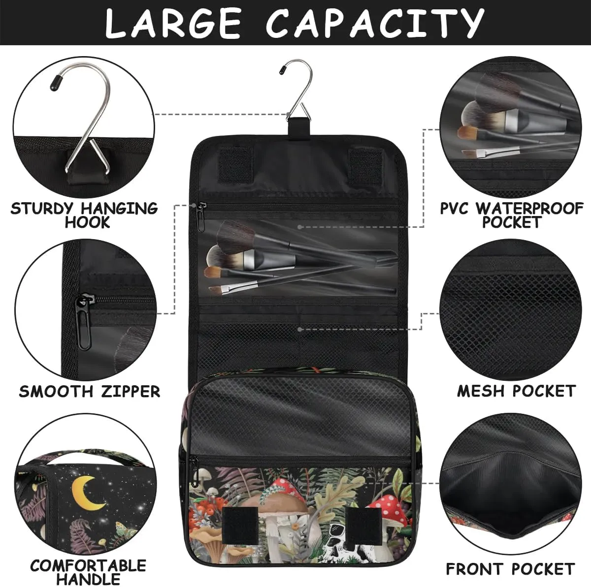 Hanging Toiletry Bag for Women & Men - Skull Mushroom & Moon Butterfly Waterproof Travel Cosmetic Bag - Toiletries Accessories Organizer