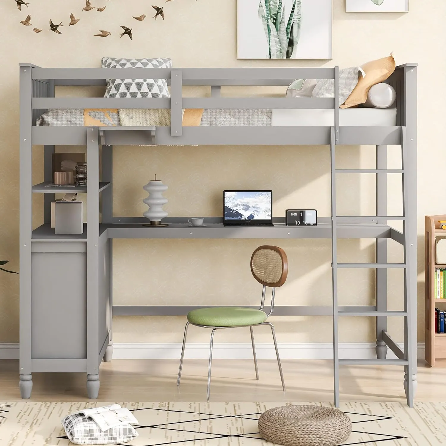 Harper & Bright Designs Twin Size Loft Bed with Desk and Storage, Solid Wood Loft Bed Frame with Drawers and Bookshelf, for Kids Teens Adults - Gray