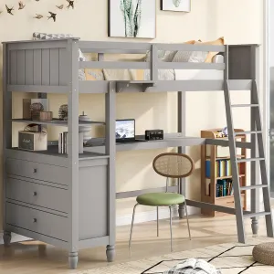 Harper & Bright Designs Twin Size Loft Bed with Desk and Storage, Solid Wood Loft Bed Frame with Drawers and Bookshelf, for Kids Teens Adults - Gray