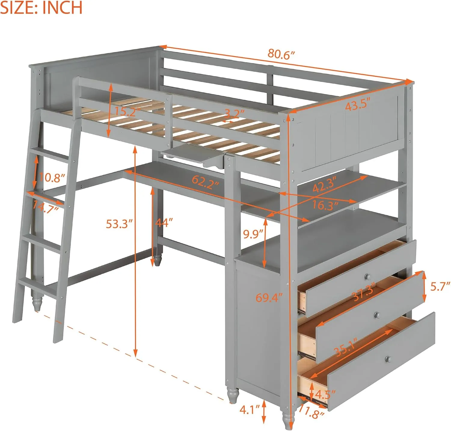 Harper & Bright Designs Twin Size Loft Bed with Desk and Storage, Solid Wood Loft Bed Frame with Drawers and Bookshelf, for Kids Teens Adults - Gray