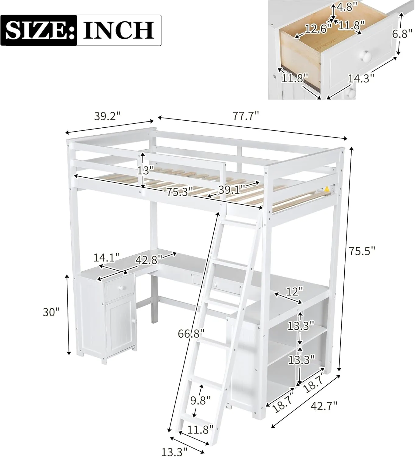 Harper & Bright Designs Twin Size Loft Bed with U-Shaped Desk, Drawers and Storage Shelves, Solid Wood Loft Bed Frame for Kids Teens Adults, White