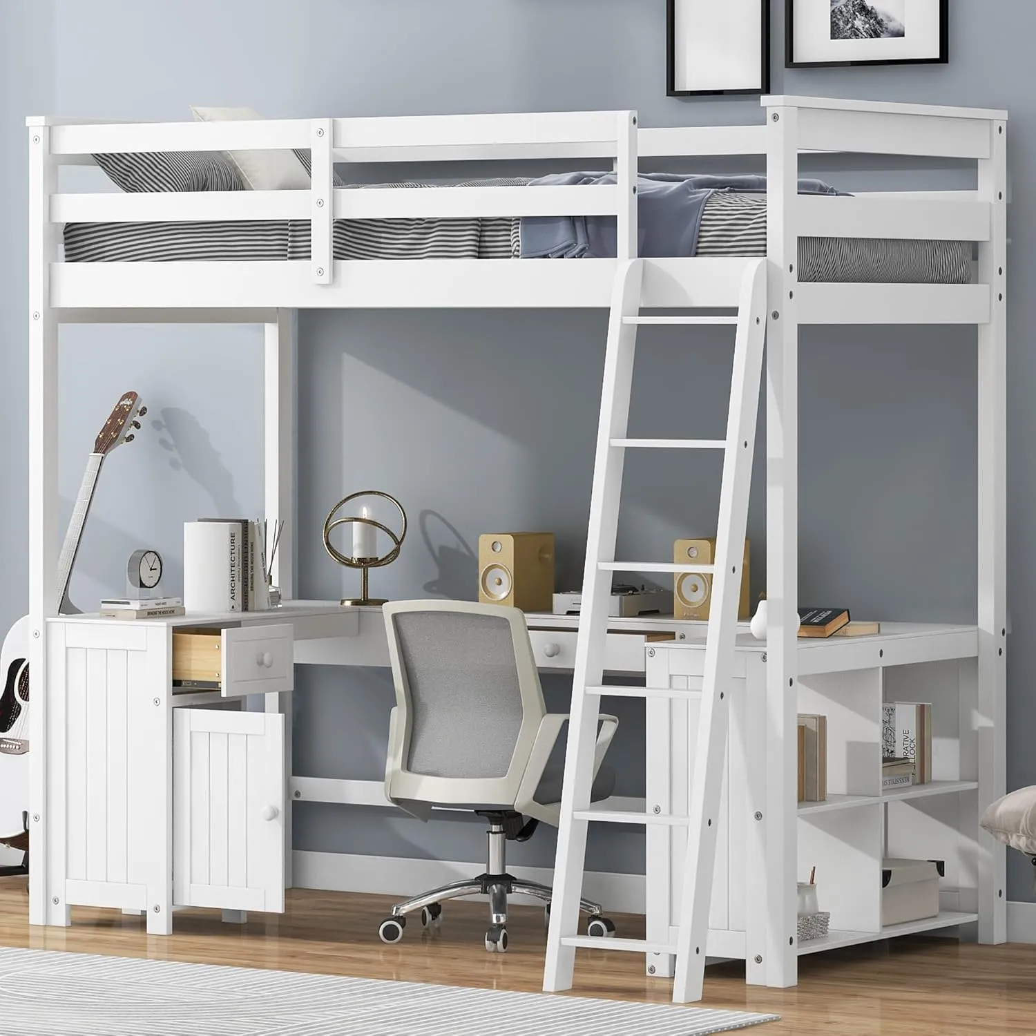 Harper & Bright Designs Twin Size Loft Bed with U-Shaped Desk, Drawers and Storage Shelves, Solid Wood Loft Bed Frame for Kids Teens Adults, White