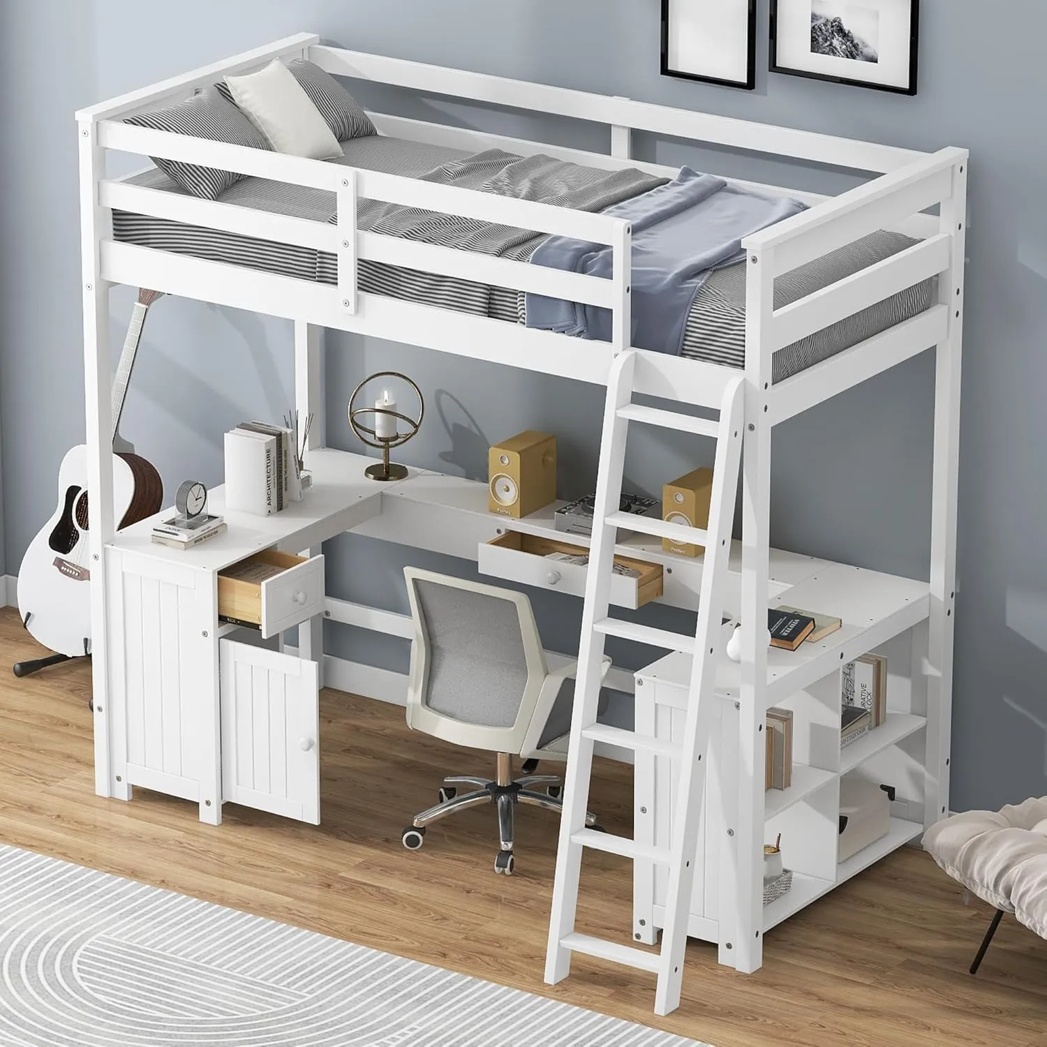 Harper & Bright Designs Twin Size Loft Bed with U-Shaped Desk, Drawers and Storage Shelves, Solid Wood Loft Bed Frame for Kids Teens Adults, White