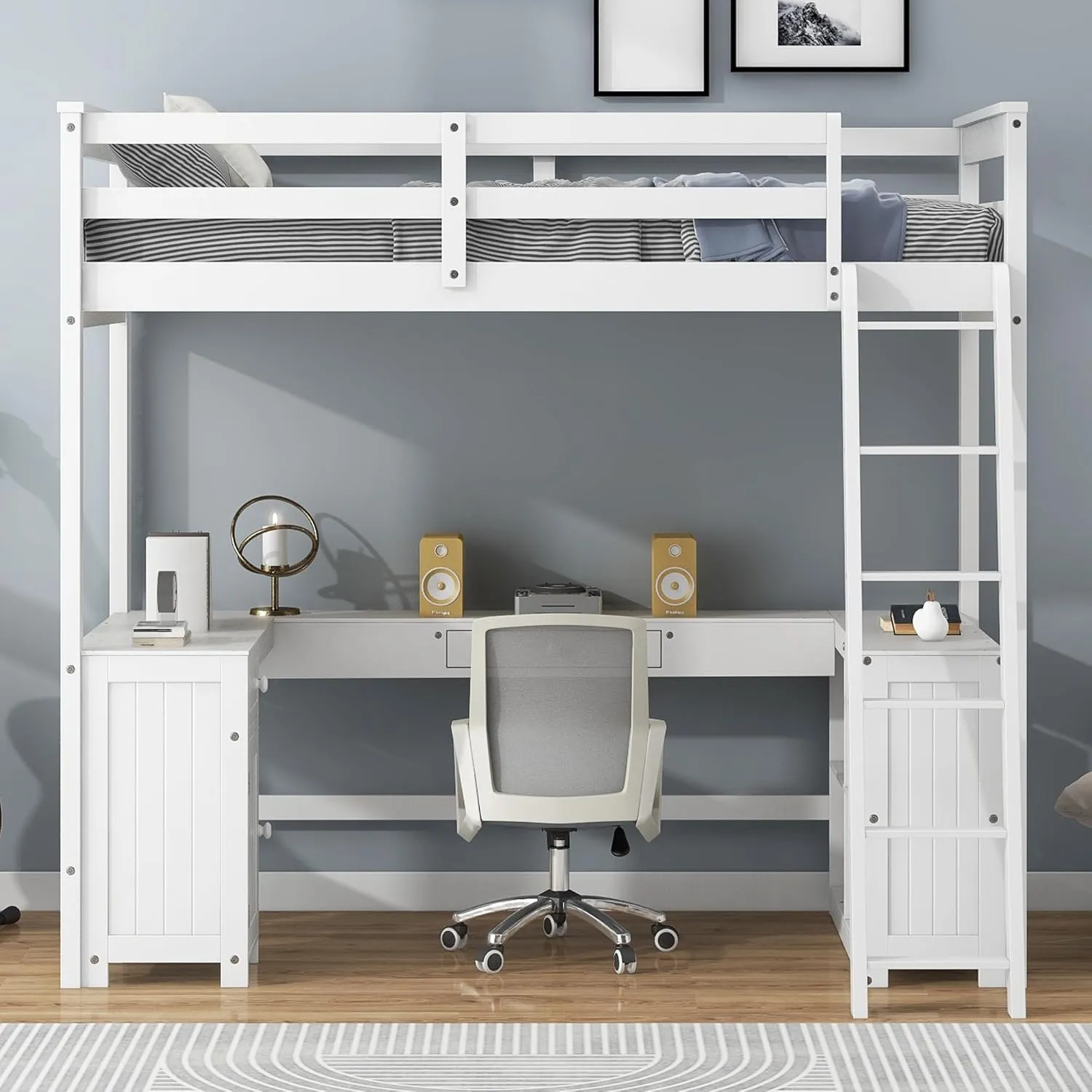 Harper & Bright Designs Twin Size Loft Bed with U-Shaped Desk, Drawers and Storage Shelves, Solid Wood Loft Bed Frame for Kids Teens Adults, White