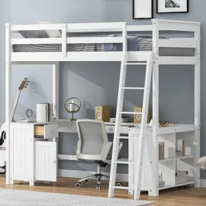 Harper & Bright Designs Twin Size Loft Bed with U-Shaped Desk, Drawers and Storage Shelves, Solid Wood Loft Bed Frame for Kids Teens Adults, White
