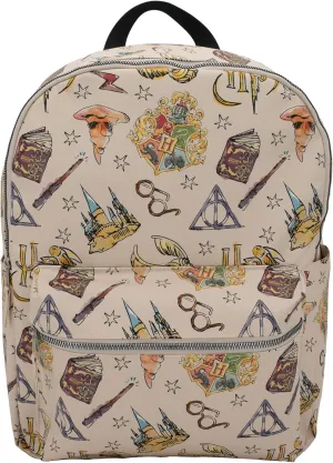 Harry Potter Tattoo Art Cream Color Vegan Leather Backpack Featuring Newly Released Whimsical Icon Watercolor Allover Print, 16” Inches, Adjustable Straps, Cream