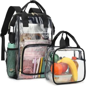 Heavy Duty Clear Backpack, PVC Waterproof Transparent Backpacks with Cosmetic Bag, See Through School Bag College Bookbag with Lunch Bag for Boy Girl Women Men (Black)