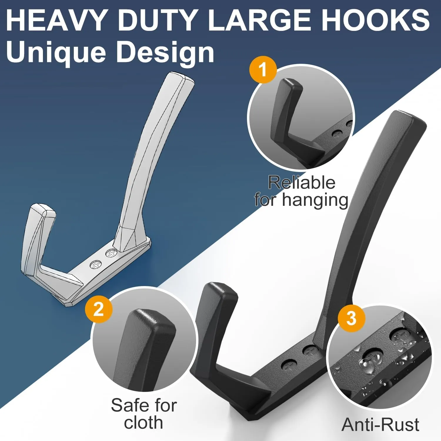 Heavy Duty Wall Hooks, 5.7 Inch Large Coat Hooks, 6 Packs Towel Hooks for Hanging in Bathroom, Bedroom, Entryway, Kitchen, etc (Black, 4 Pack)