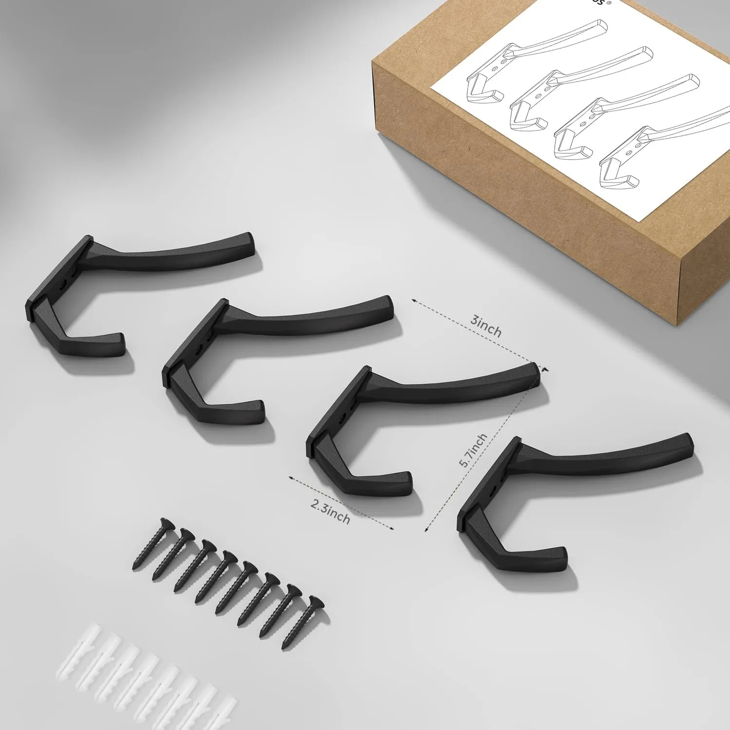 Heavy Duty Wall Hooks, 5.7 Inch Large Coat Hooks, 6 Packs Towel Hooks for Hanging in Bathroom, Bedroom, Entryway, Kitchen, etc (Black, 4 Pack)