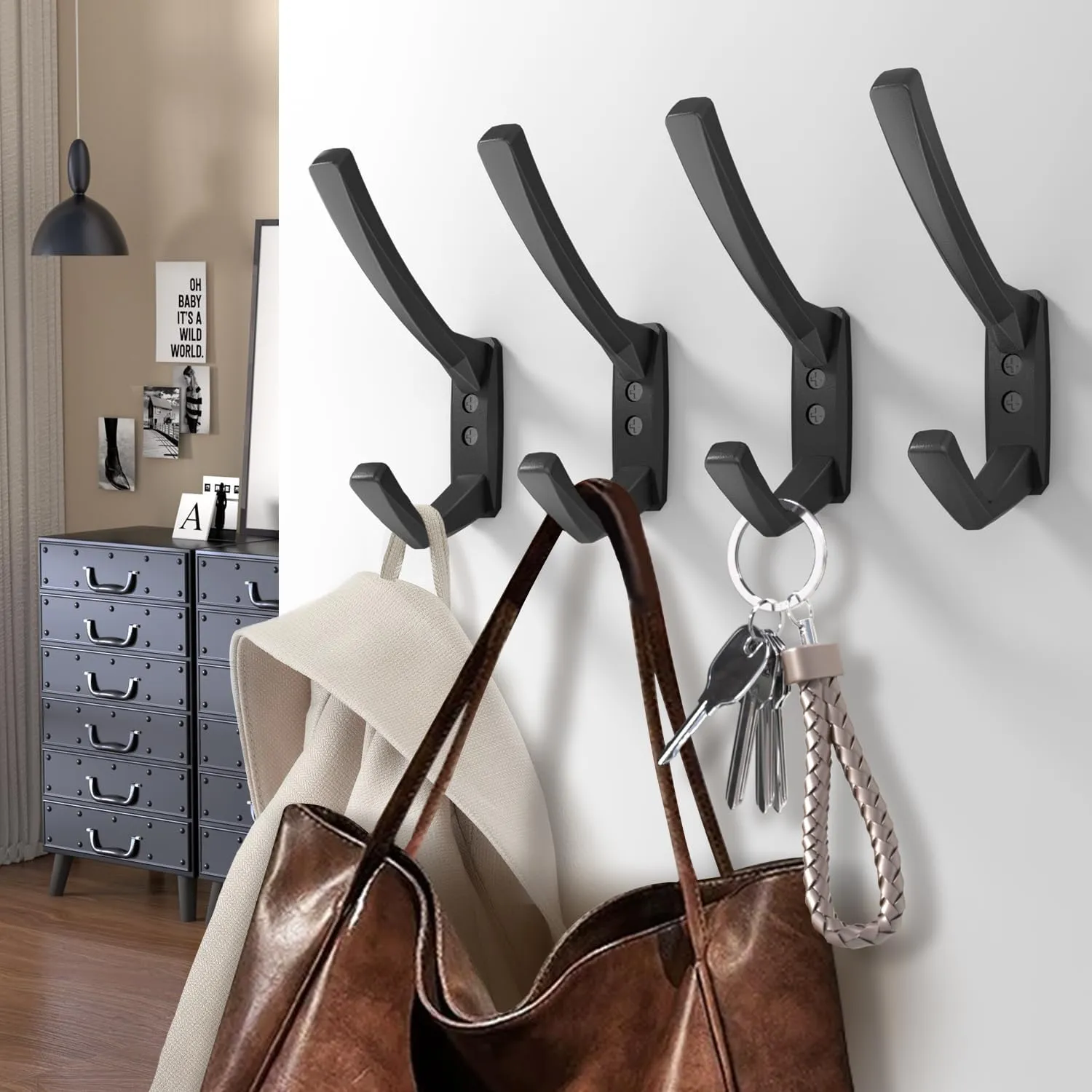 Heavy Duty Wall Hooks, 5.7 Inch Large Coat Hooks, 6 Packs Towel Hooks for Hanging in Bathroom, Bedroom, Entryway, Kitchen, etc (Black, 4 Pack)