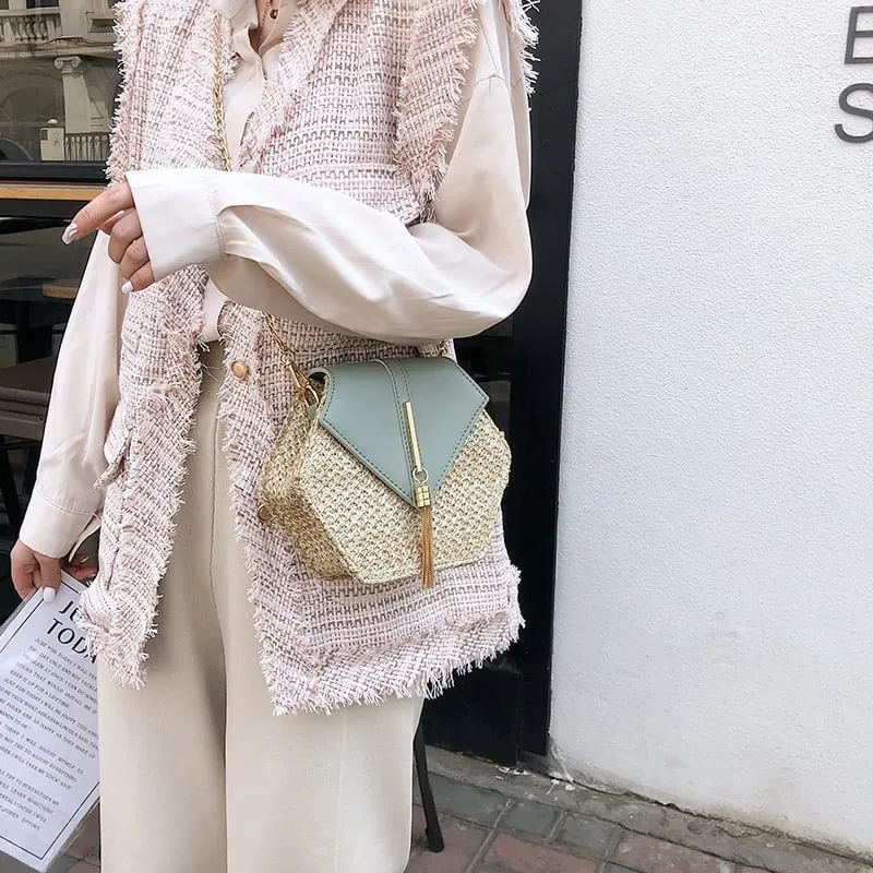 Hexagon Shaped Straw Shoulder Bag