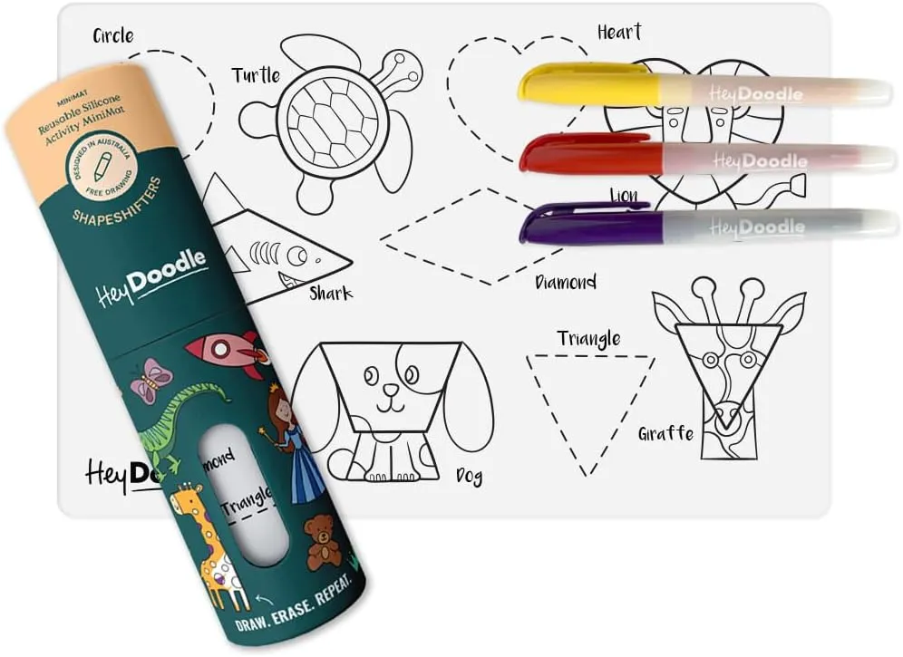 Hey Doodle ShapeShifters Mini – Reusable Silicone Drawing Mat for Toddlers and Kids – Educational Shape & Animal Activity Pad with 3 Markers – Mess-Free Travel Toy – Ages 3-7