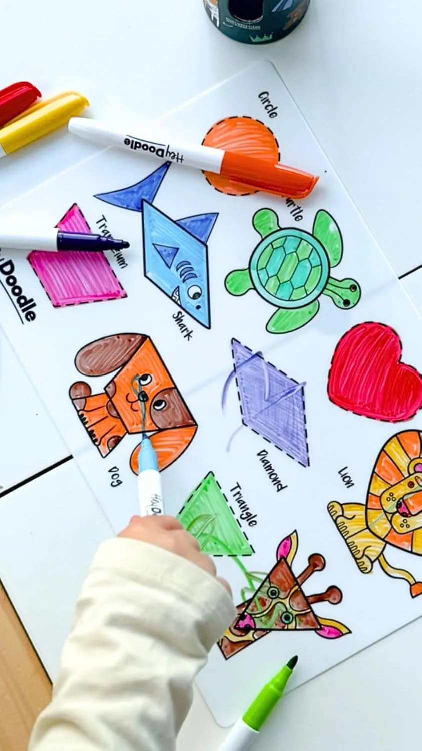 Hey Doodle ShapeShifters Mini – Reusable Silicone Drawing Mat for Toddlers and Kids – Educational Shape & Animal Activity Pad with 3 Markers – Mess-Free Travel Toy – Ages 3-7