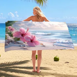 Hibiscus Flower Beach Towel Peach Tropical Beach Blanket, Quick Dry Absorbent Sand Free Lightweight Microfiber Towel, Ideal for Vacation Pool Gym Outdoor Travel Camping Essentials 70x35 Inch