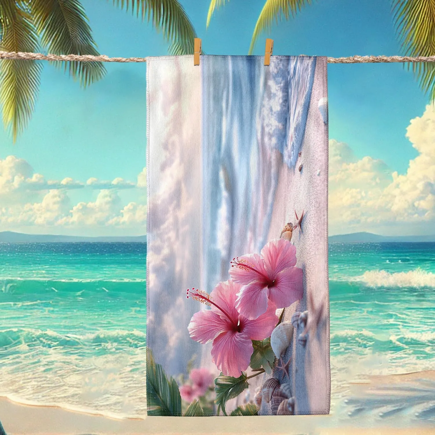 Hibiscus Flower Beach Towel Peach Tropical Beach Blanket, Quick Dry Absorbent Sand Free Lightweight Microfiber Towel, Ideal for Vacation Pool Gym Outdoor Travel Camping Essentials 70x35 Inch