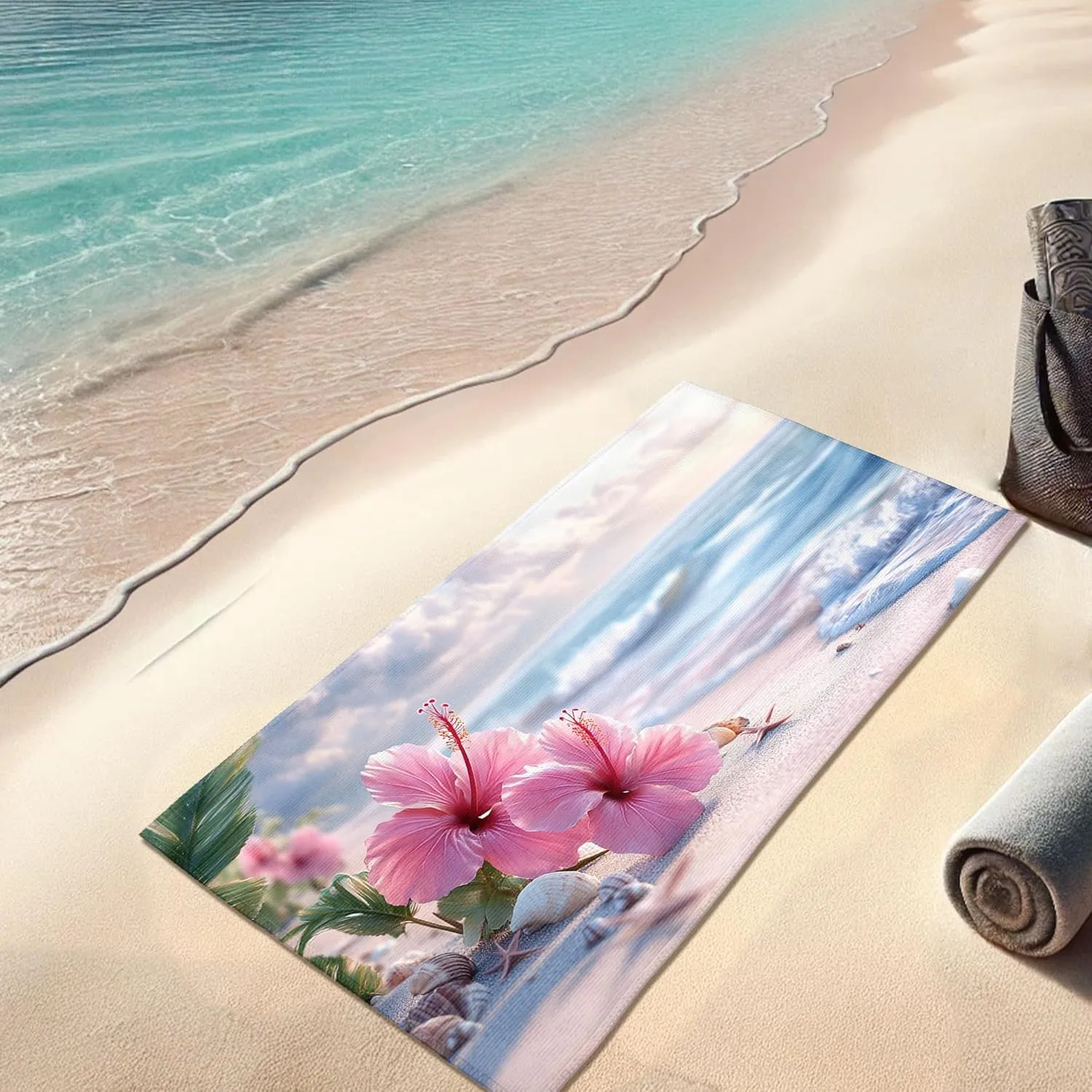 Hibiscus Flower Beach Towel Peach Tropical Beach Blanket, Quick Dry Absorbent Sand Free Lightweight Microfiber Towel, Ideal for Vacation Pool Gym Outdoor Travel Camping Essentials 70x35 Inch