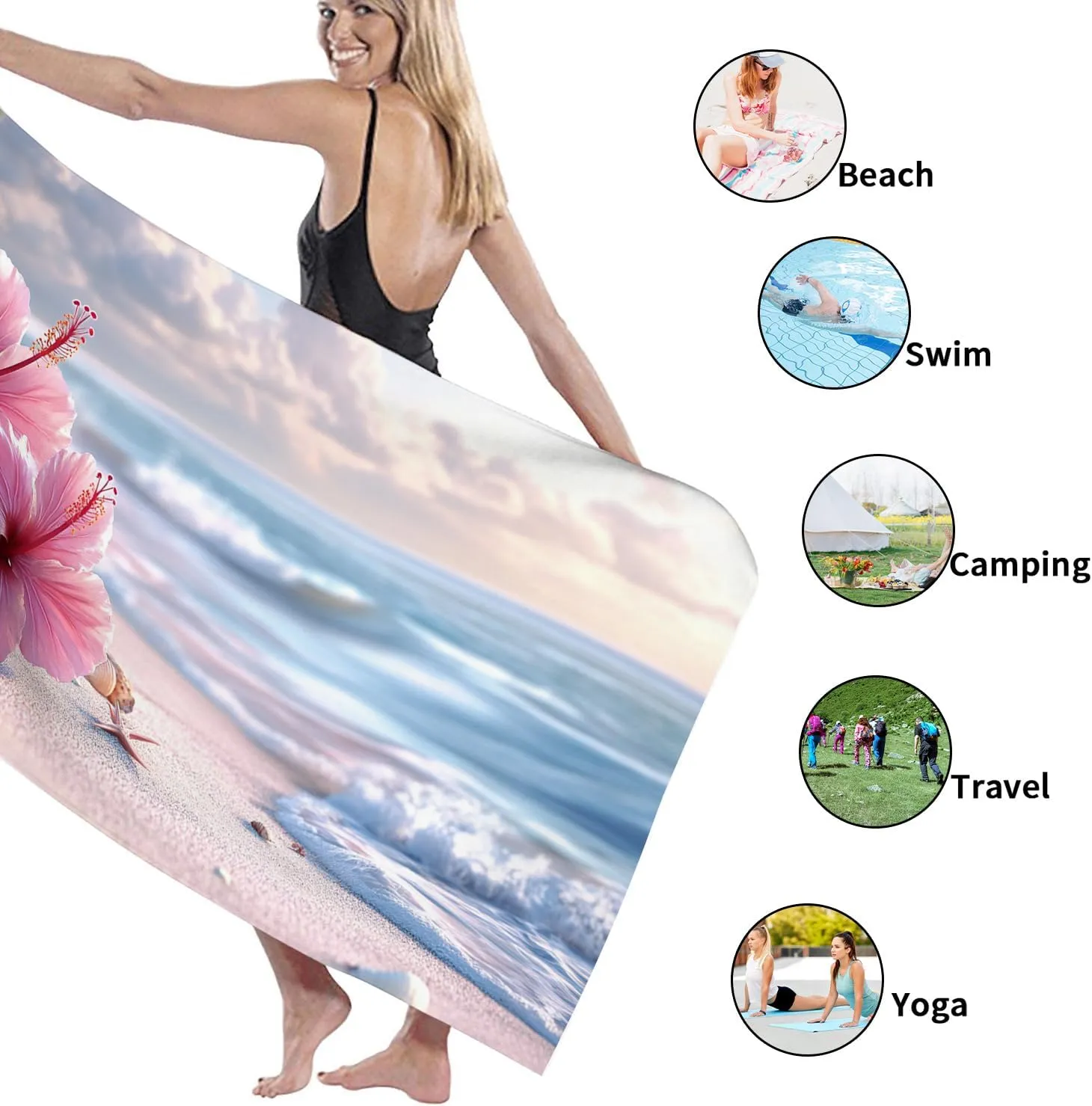 Hibiscus Flower Beach Towel Peach Tropical Beach Blanket, Quick Dry Absorbent Sand Free Lightweight Microfiber Towel, Ideal for Vacation Pool Gym Outdoor Travel Camping Essentials 70x35 Inch