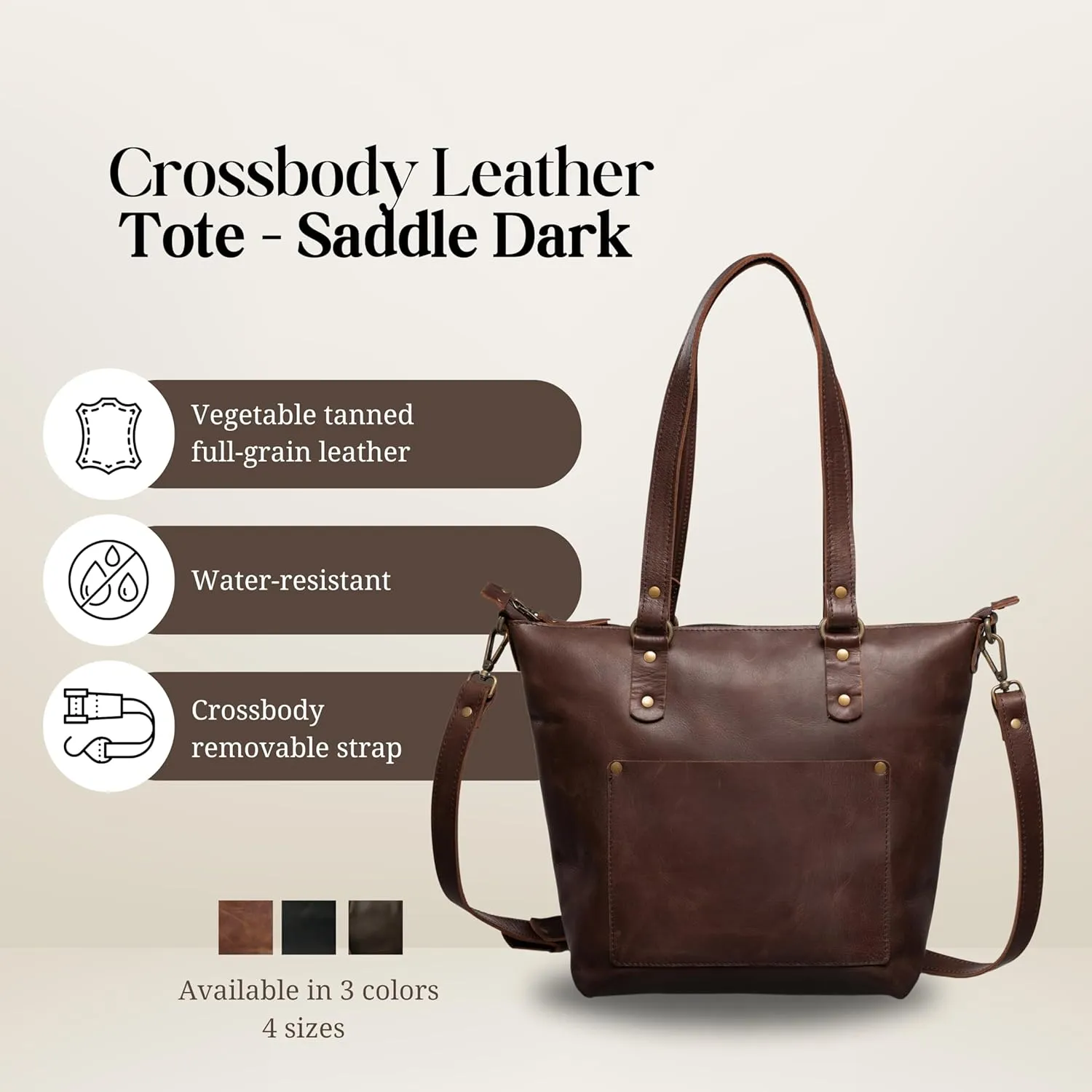 HIDES Crossbody Leather Tote Bag, Handcrafted Travel Companion Premium Full-Grain Leather Zipper Compartment Removable Strap