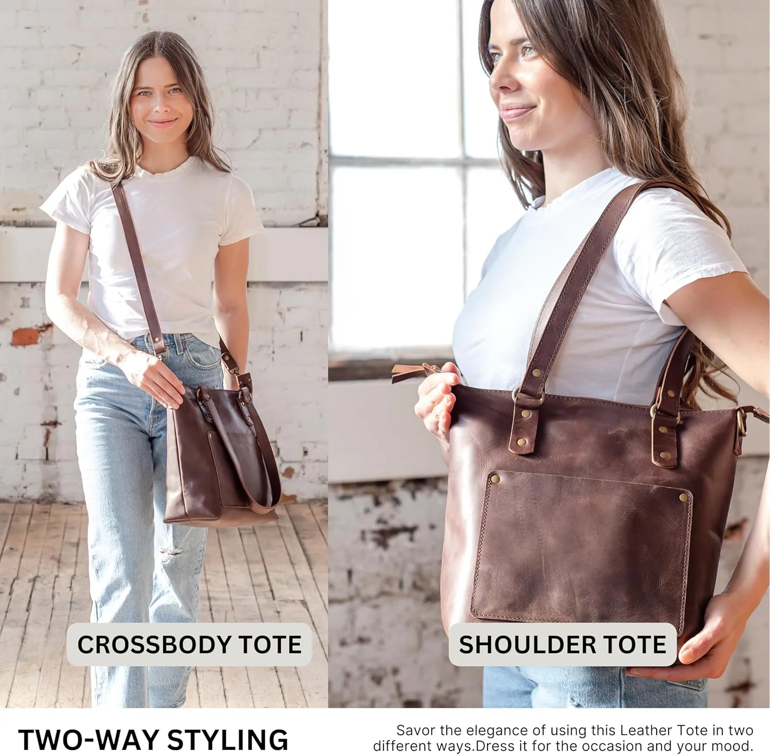 HIDES Crossbody Leather Tote Bag, Handcrafted Travel Companion Premium Full-Grain Leather Zipper Compartment Removable Strap