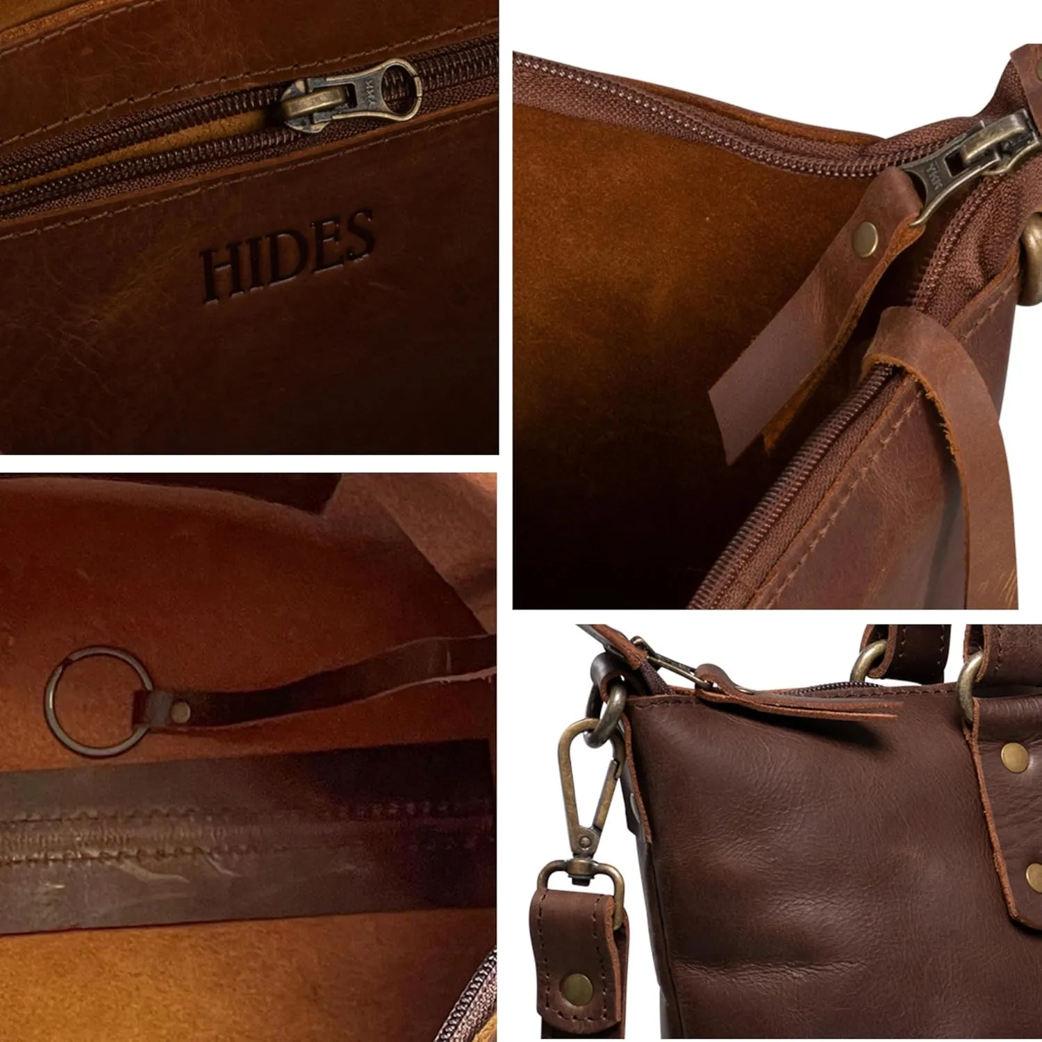 HIDES Crossbody Leather Tote Bag, Handcrafted Travel Companion Premium Full-Grain Leather Zipper Compartment Removable Strap