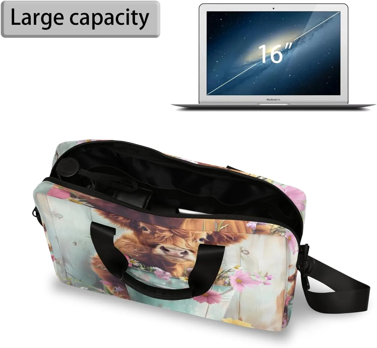 Highland Cow Laptop Sleeve Case 14 15 15.6 inch, Highland Cow Laptop Briefcase Shoulder Bag Waterproof Travel Computer Cover Carrying Bags