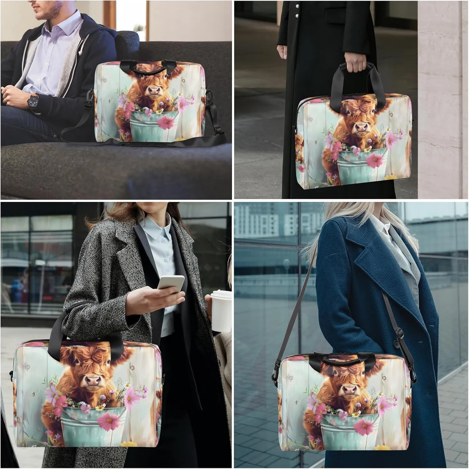 Highland Cow Laptop Sleeve Case 14 15 15.6 inch, Highland Cow Laptop Briefcase Shoulder Bag Waterproof Travel Computer Cover Carrying Bags