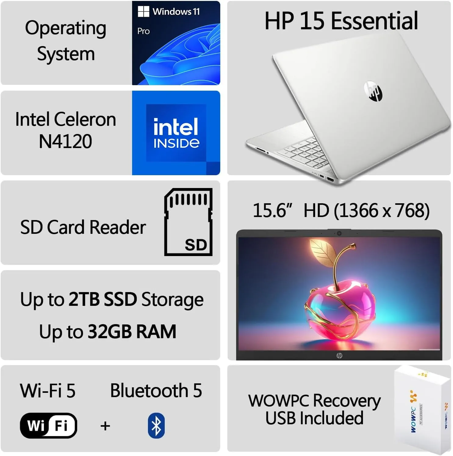 HP Latest 15" Laptop, Intel Celeron N4120 Quad-core Processor, 32GB RAM, 2TB SSD, 15.6" HD Micro Edge LED Display, Fast Charge, SD Card Reader, Windows 11 Pro, WOWPC Recovery USB