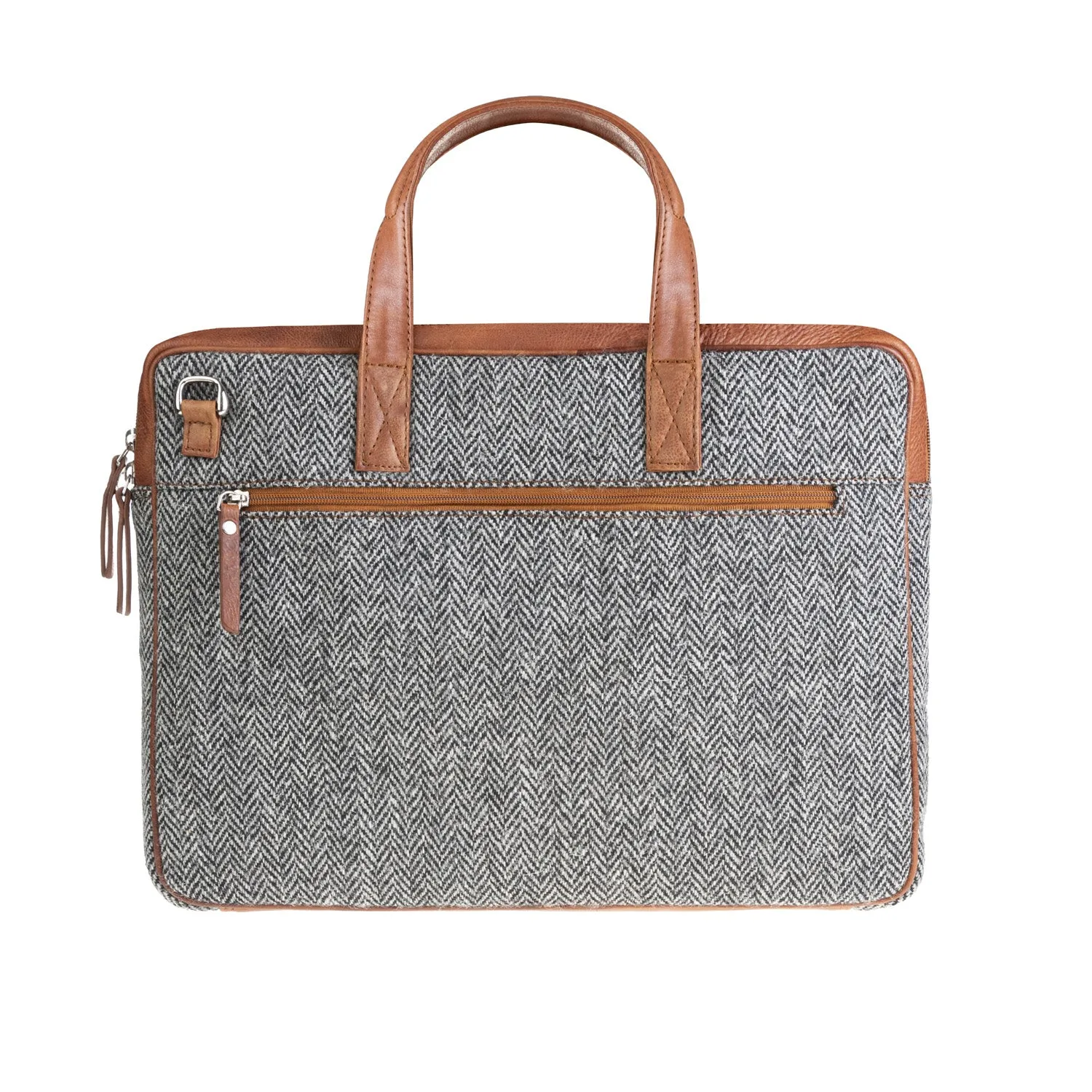 Ht Leather Laptop Bag Black & White Herringbone / Tan