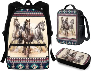 HUIACONG Aztec School Backpack for Girls Horse Bookbag with Lunch Box 10-12 Western Backpack Purse for Women Middle School Book Bag Teen Girls Lunchbag Pencil Case Set Primary Elementary Back Pack