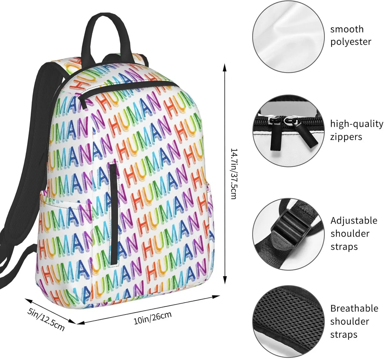 Human LGBT Rainbow Gay Pride Travel Laptop Backpack Casual Backpacks Double Shoulder Daypack Notebook Rucksack Work Bags Sports Bag for Hiking Camping Beach