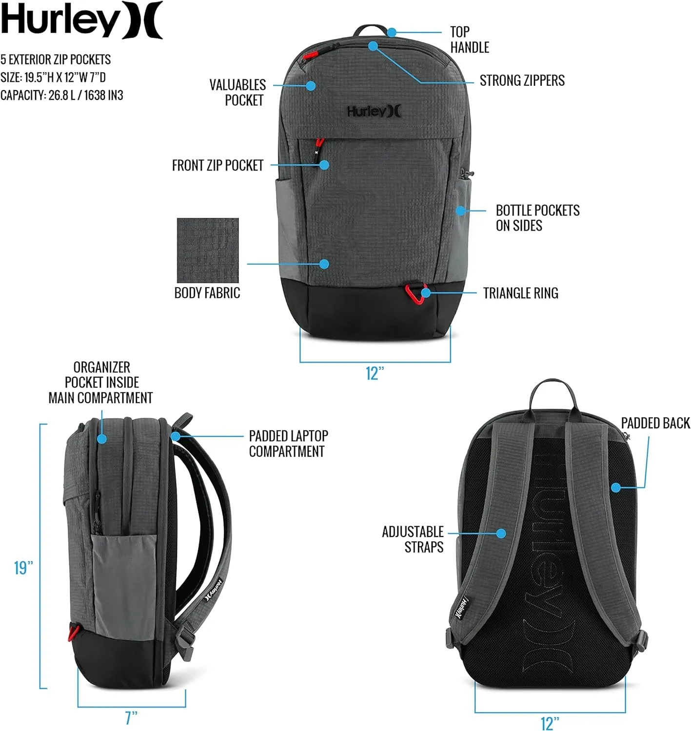Hurley Mens Classic Backpack, Black, One Size