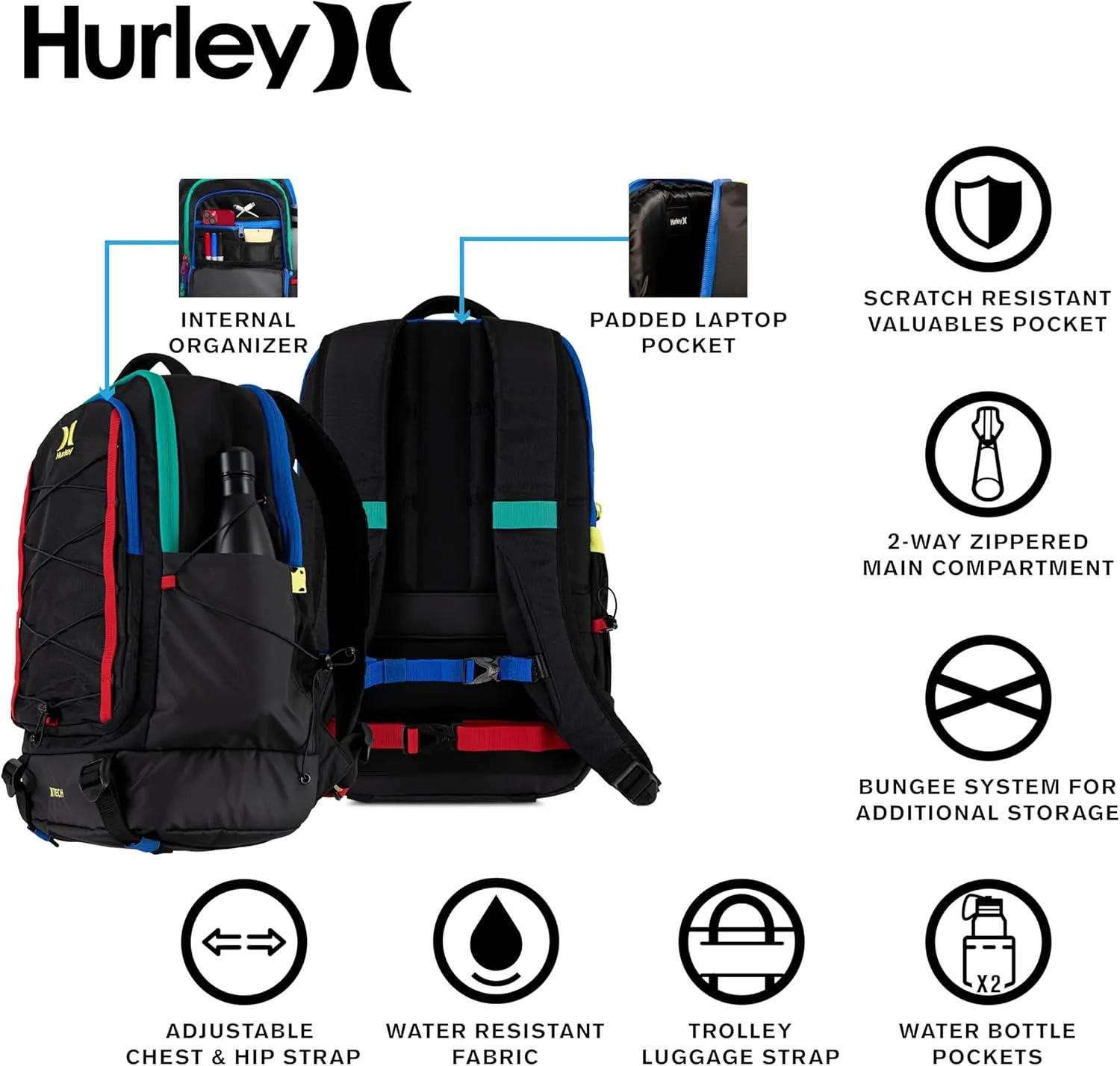 Hurley Men's Commuter Travel Backpack, Black/Primary Multi, One Size