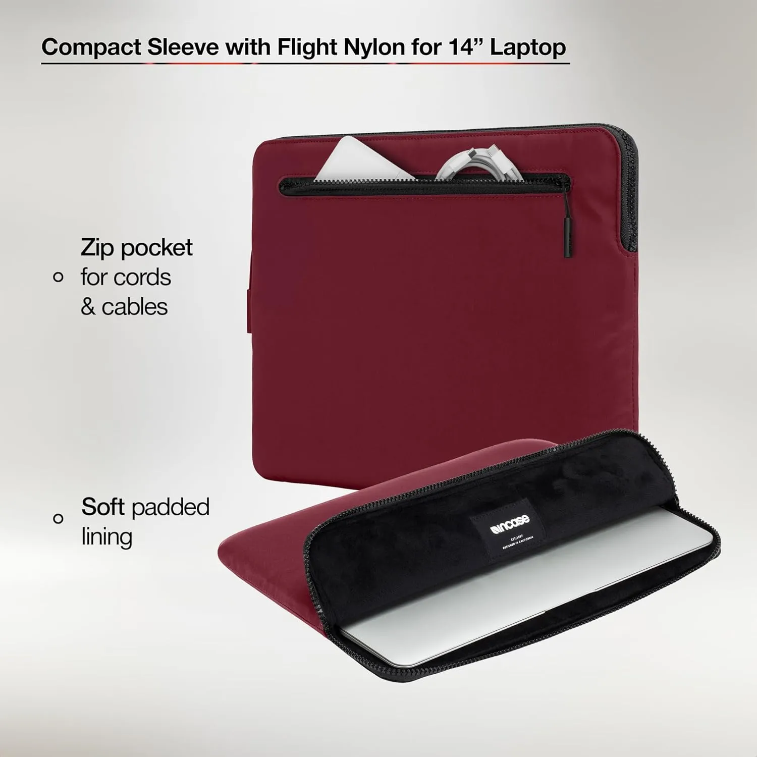Incase Compact Laptop Sleeve with Flight Nylon MacBook/Laptop/iPad/Tablet Sleeve, and Cover, Lightweight, Weather Resistant, with Slip Pocket for Accessories (Cosmic Red, 14-Inch)