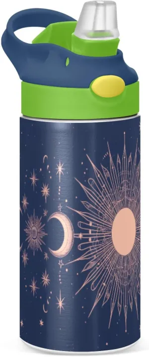 Insulated Stainless Steel Sun and Moon Water Bottle with Straw & Handle - 12oz BPA-Free Leak Proof Reusable Sports Bottle for Travel, Outdoor（181）
