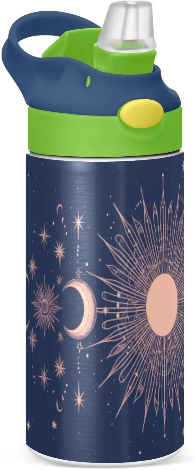 Insulated Stainless Steel Sun and Moon Water Bottle with Straw & Handle - 12oz BPA-Free Leak Proof Reusable Sports Bottle for Travel, Outdoor（181）
