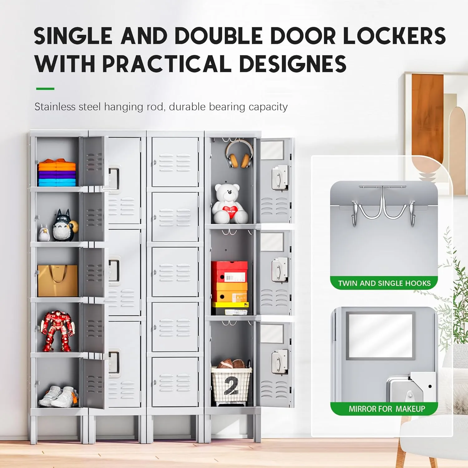 INTERGREAT Storage Locker for Employee,Office,Metal Gym Locker with 3 Door,Steel Grey Locker Cabinet Organization for School, Free Standing