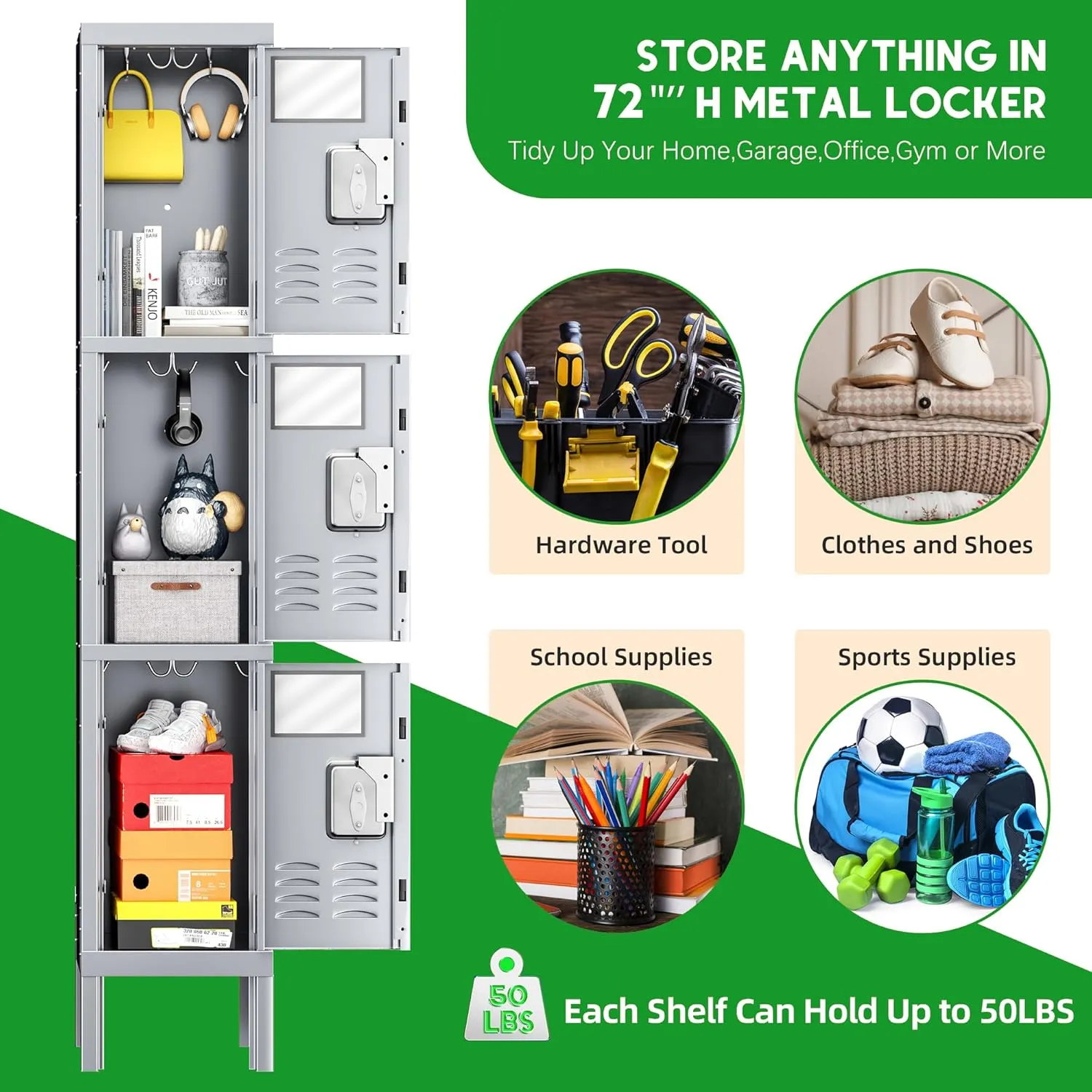 INTERGREAT Storage Locker for Employee,Office,Metal Gym Locker with 3 Door,Steel Grey Locker Cabinet Organization for School, Free Standing