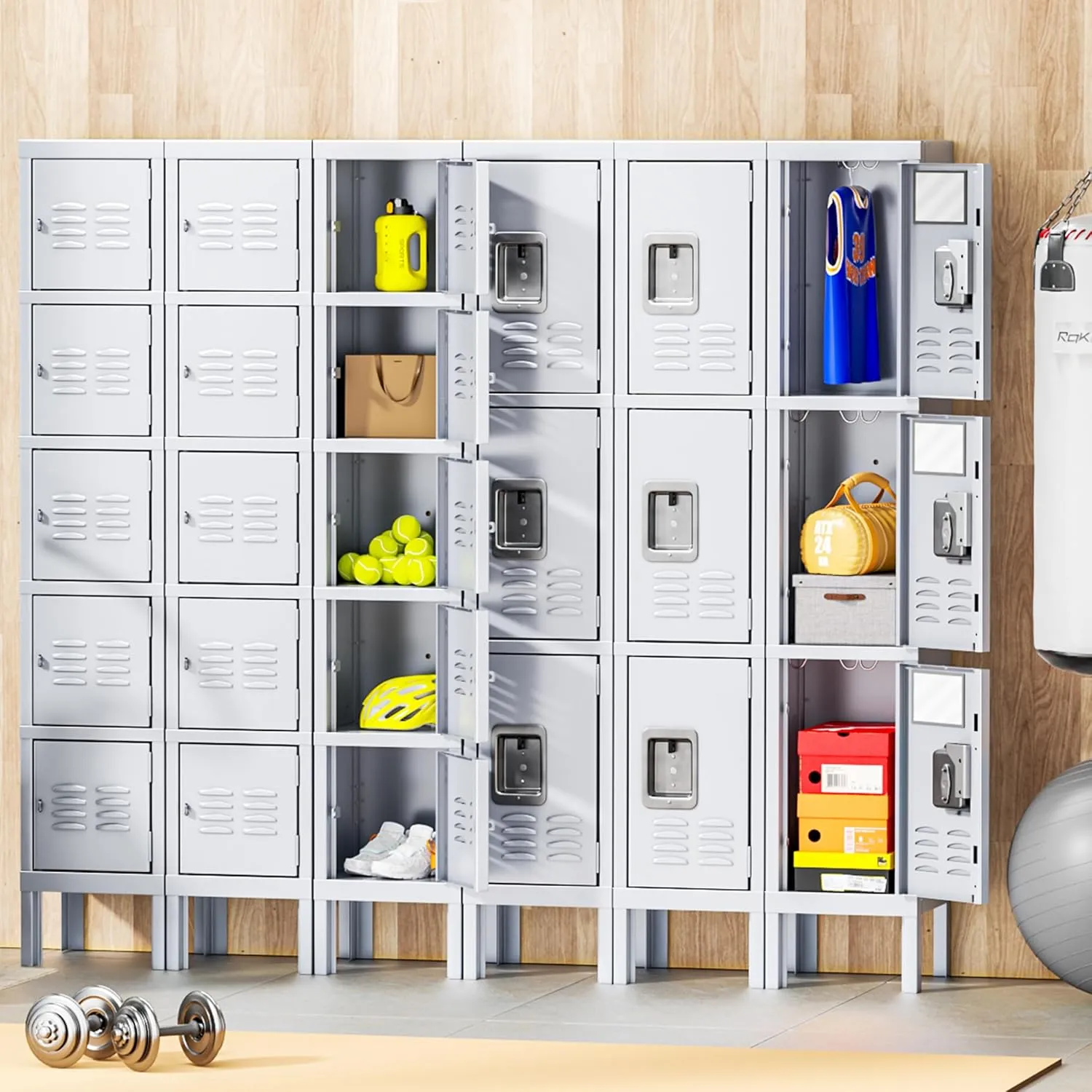INTERGREAT Storage Locker for Employee,Office,Metal Gym Locker with 3 Door,Steel Grey Locker Cabinet Organization for School, Free Standing