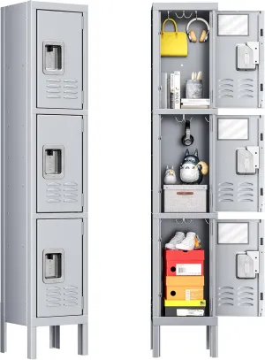 INTERGREAT Storage Locker for Employee,Office,Metal Gym Locker with 3 Door,Steel Grey Locker Cabinet Organization for School, Free Standing
