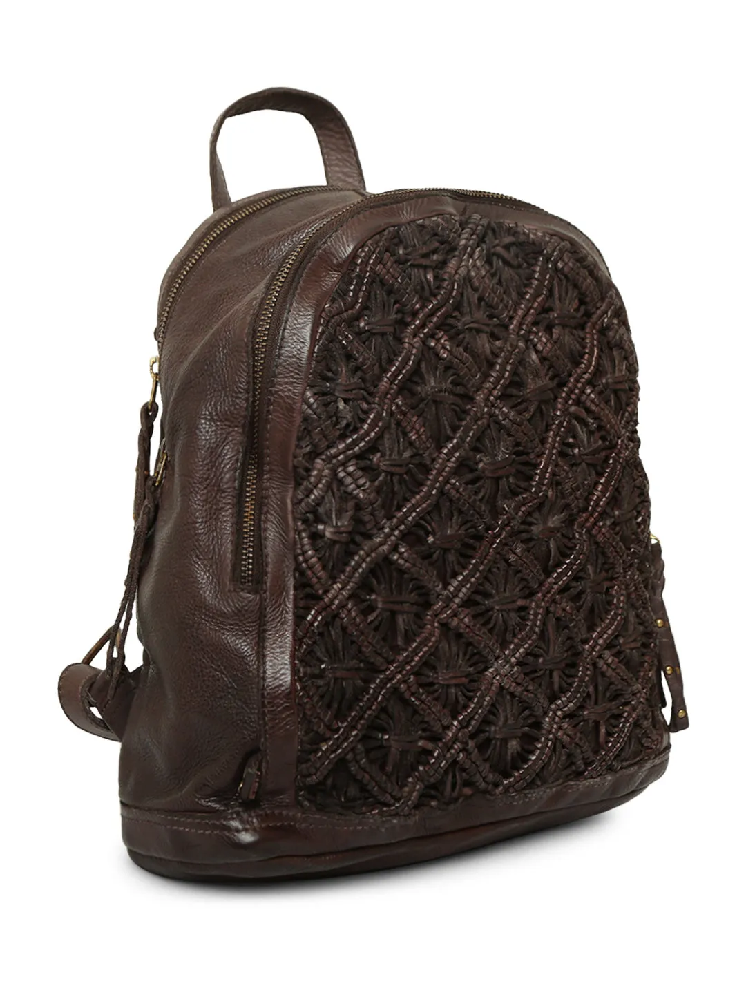 Intricate Voyager: Brown Leather Backpack for women by Art N Vintage