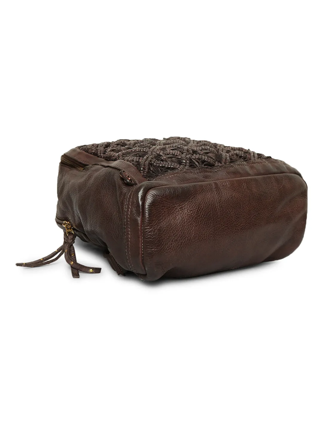Intricate Voyager: Brown Leather Backpack for women by Art N Vintage