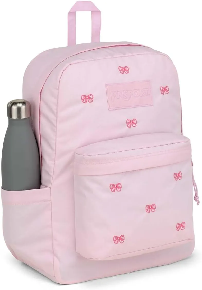 JanSport Superbreak Plus FX Backpack - Work, Travel, or Laptop Bag with Water Bottle Pocket - Embroidered Bows