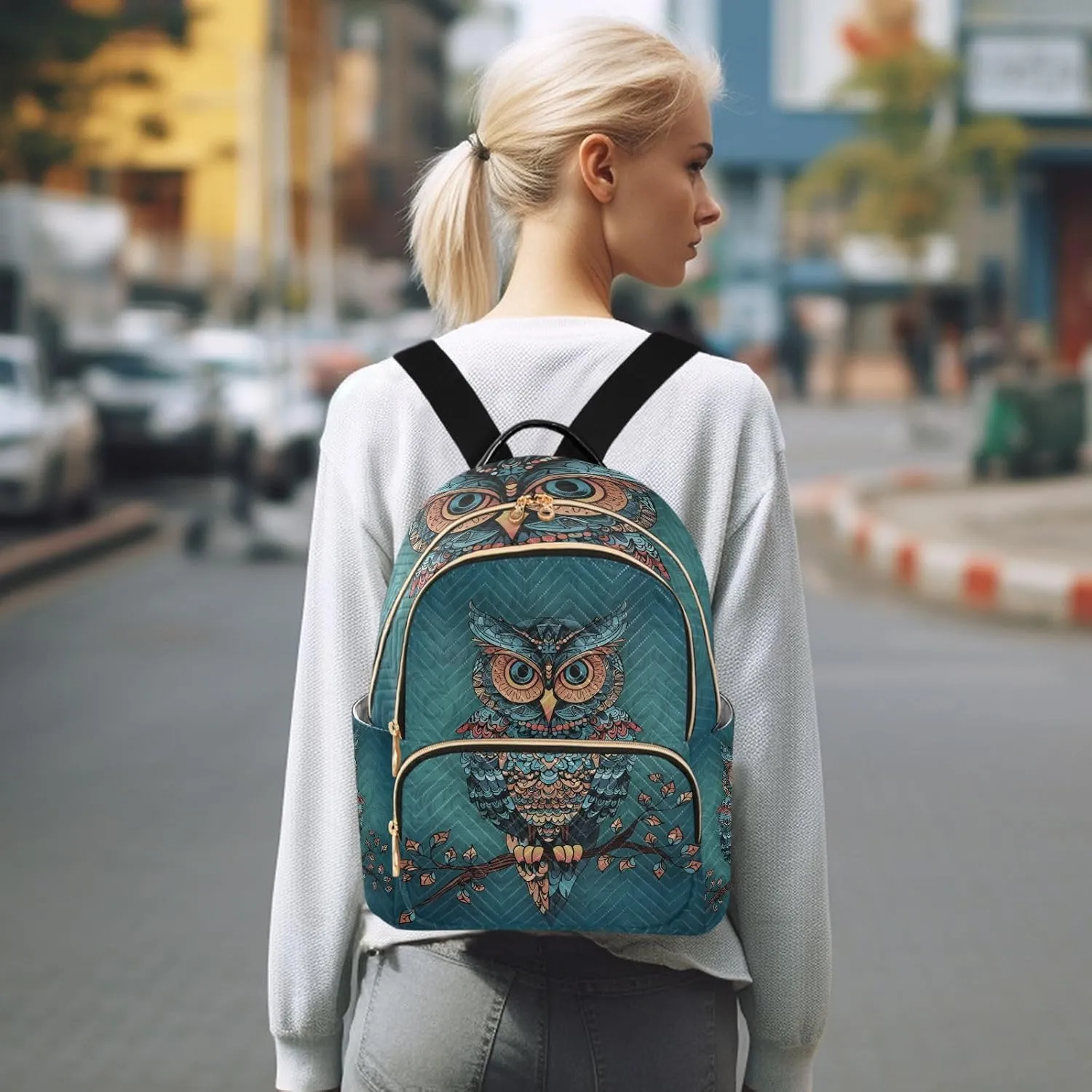 JIPONI Folk Style Owl Small Backpack for Women, Travel Purse Back Pack, Casual Daypack, Lightweight Bag-S