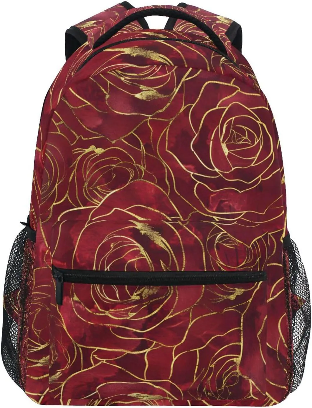 JIPONI Gold Rim Red Roses Backpack For Girls Boys, Student School Bag Bookbag Travel Laptop Backpack Purse Daypack
